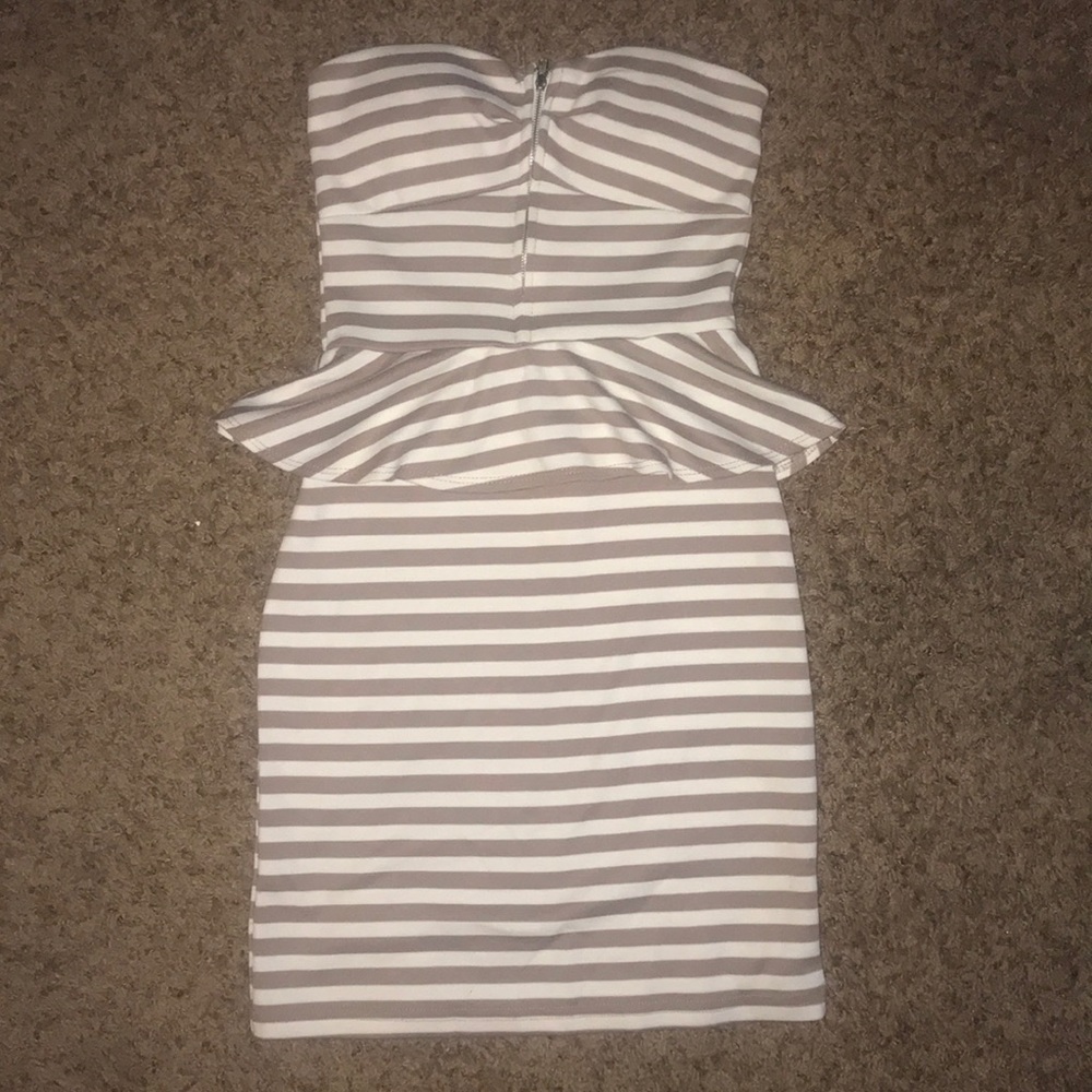 Poof heart shaped strapless ruffle dress with built in bra/ tan & white stripes